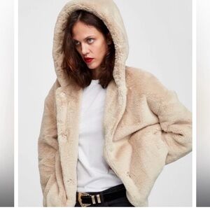 Zara Plush Hooded Faux Fur Jacket - Cream